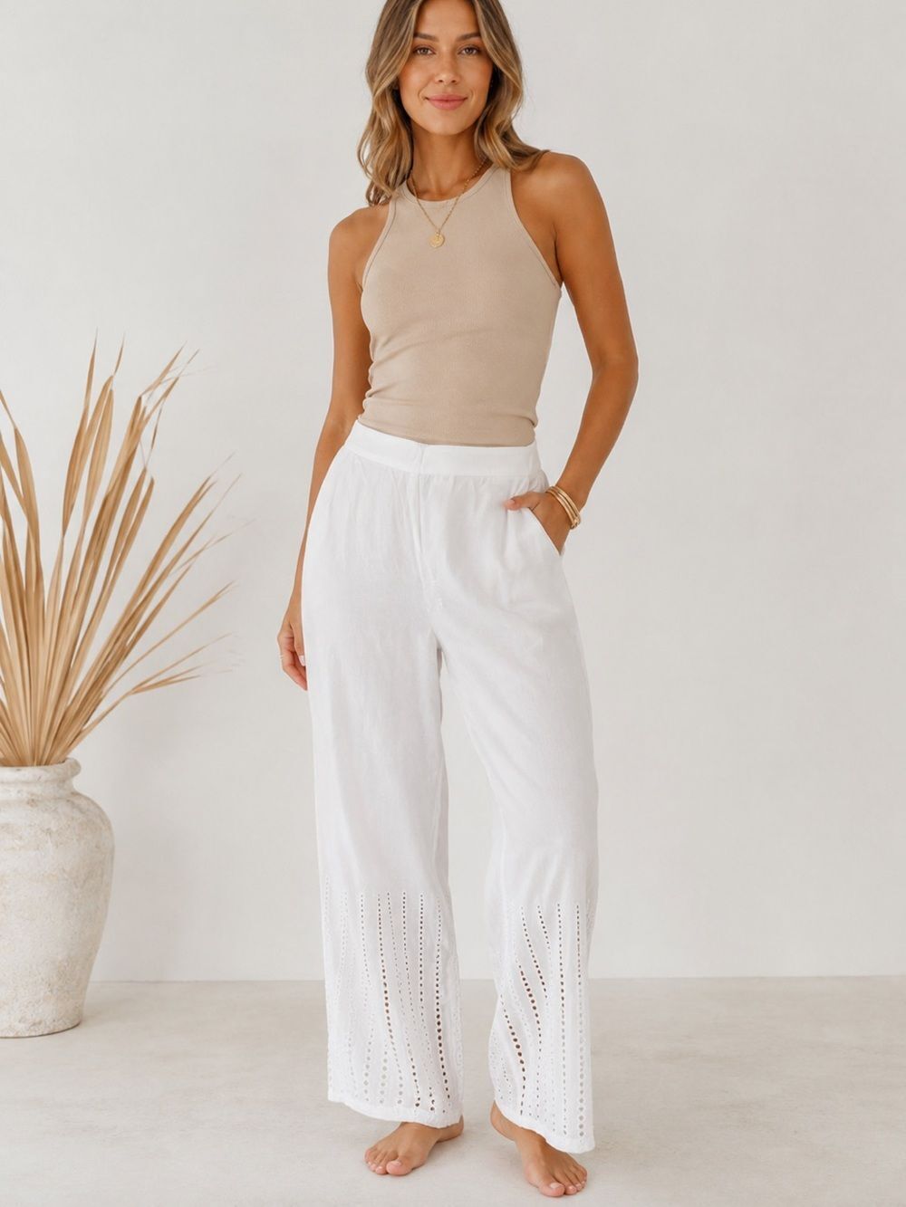 Women's White Rayon Straight Palazzo Size Medium